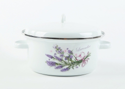 Smaltovaný hrnec kónický, průměr 23,5 cm  4,0 l, bílý, dekor Levandule, LILA  